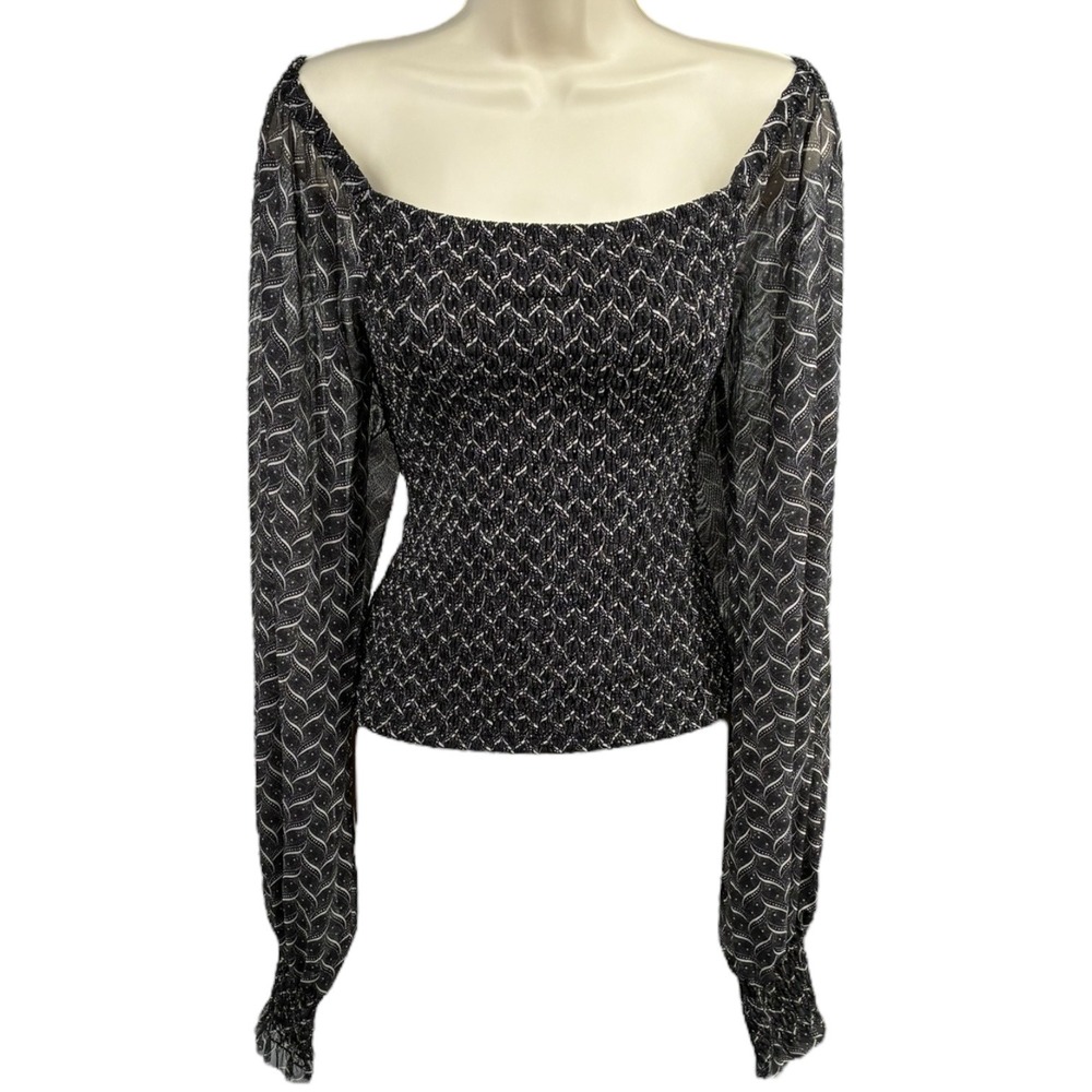 By‎ Anthropologie Black Smocked Sheer Sleeve Top Square Neck Romantic Blouse M